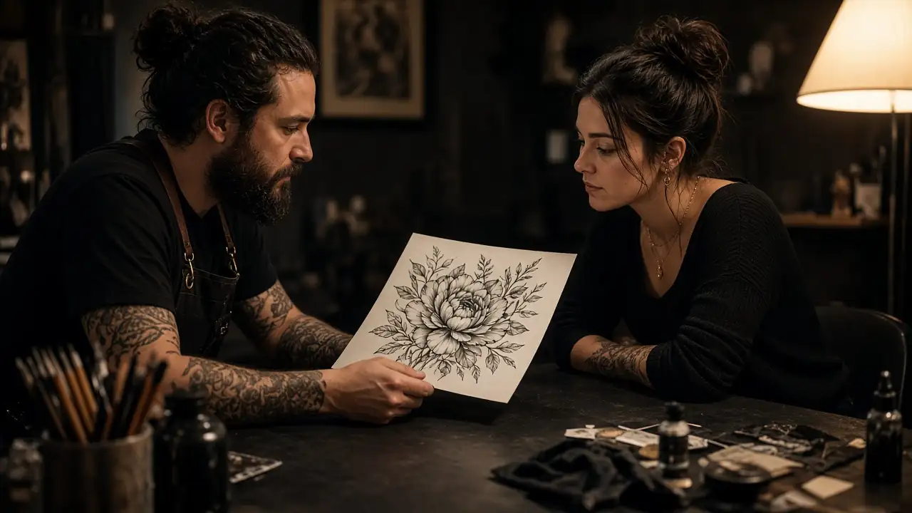 An artist and a client reviewing a floral drawing before the session.