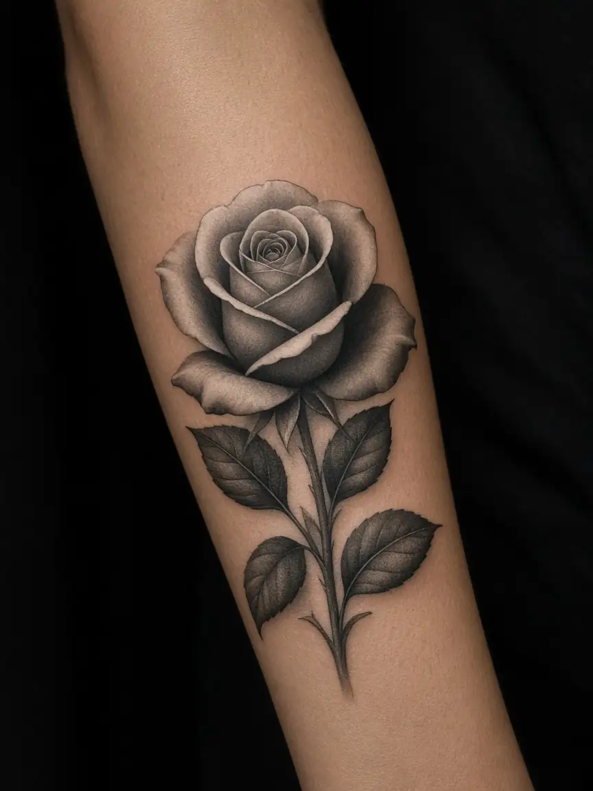 Black and grey rose tattoo on a forearm.