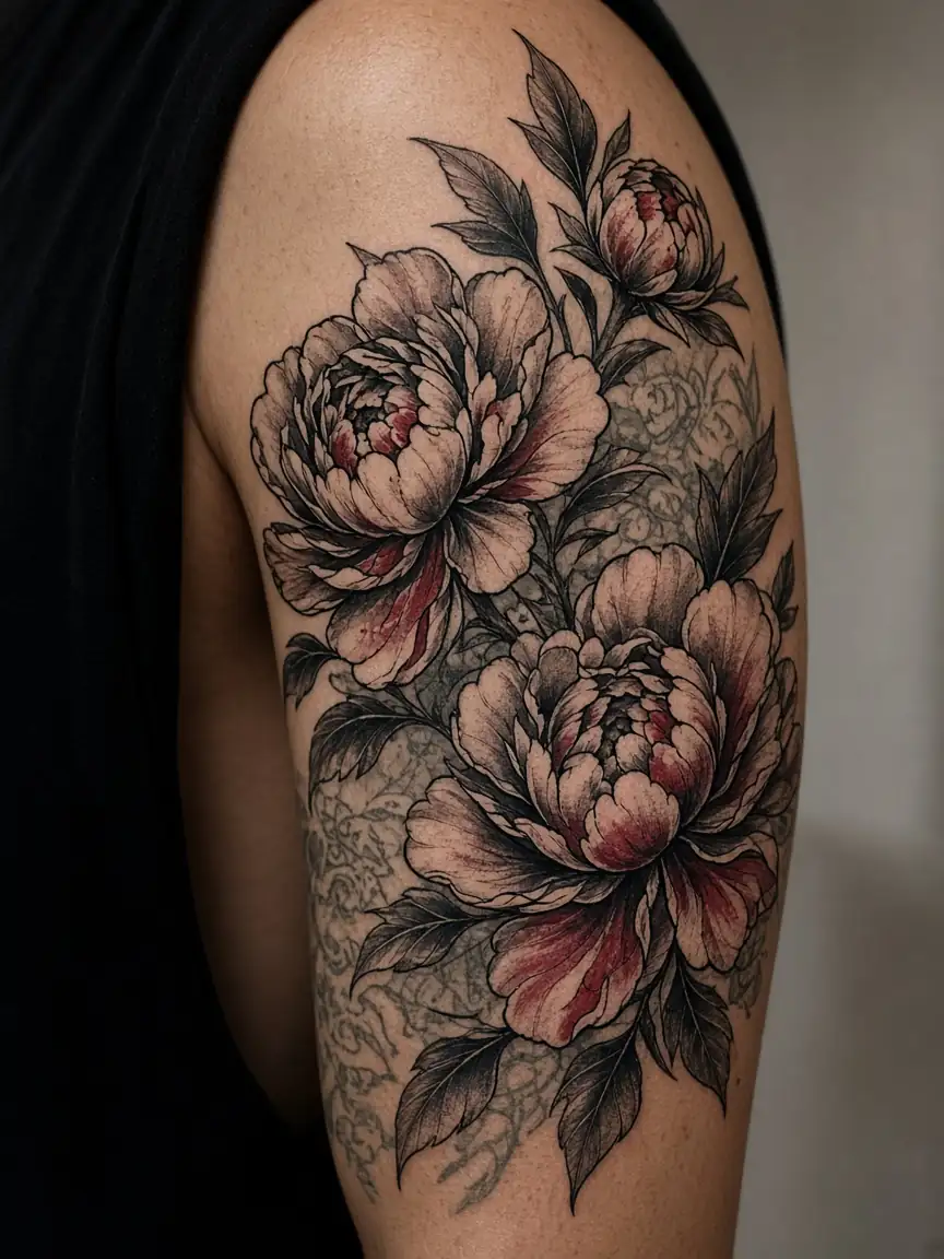 Dark floral tattoo covering older work.