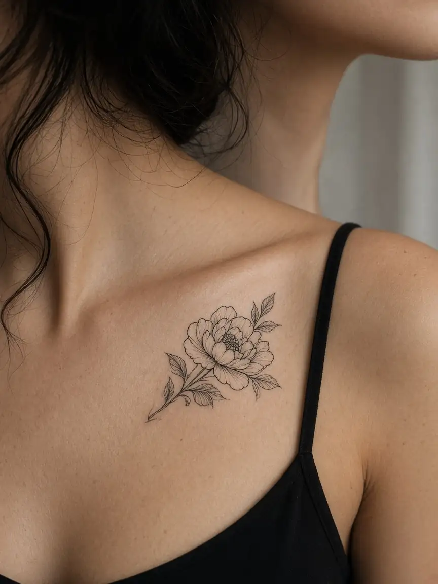 Fine line peony tattoo on the collarbone.