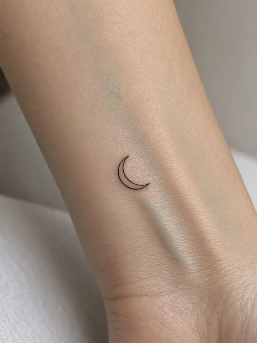 Single-line crescent tattoo on a wrist.