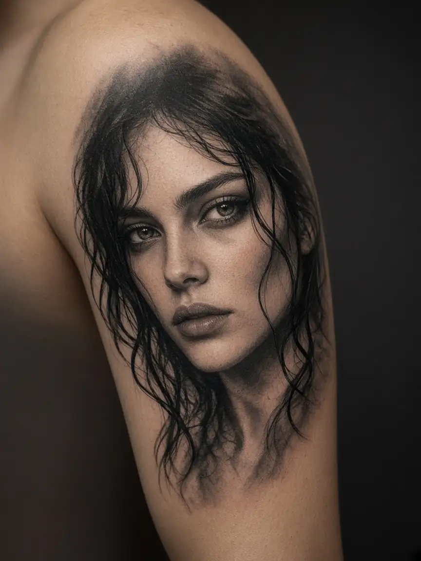 Realistic portrait tattoo on an upper arm.