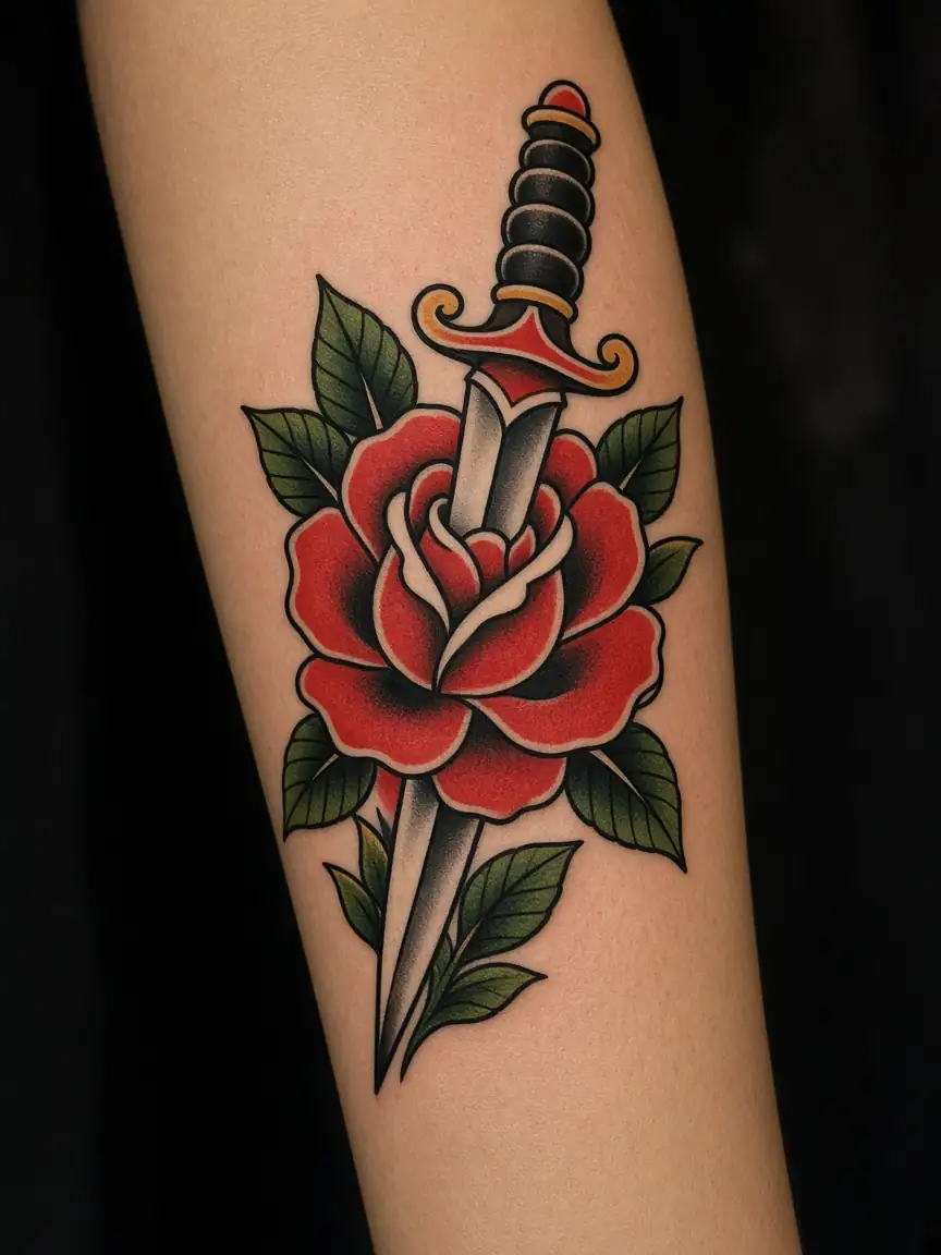 American traditional rose and dagger tattoo.